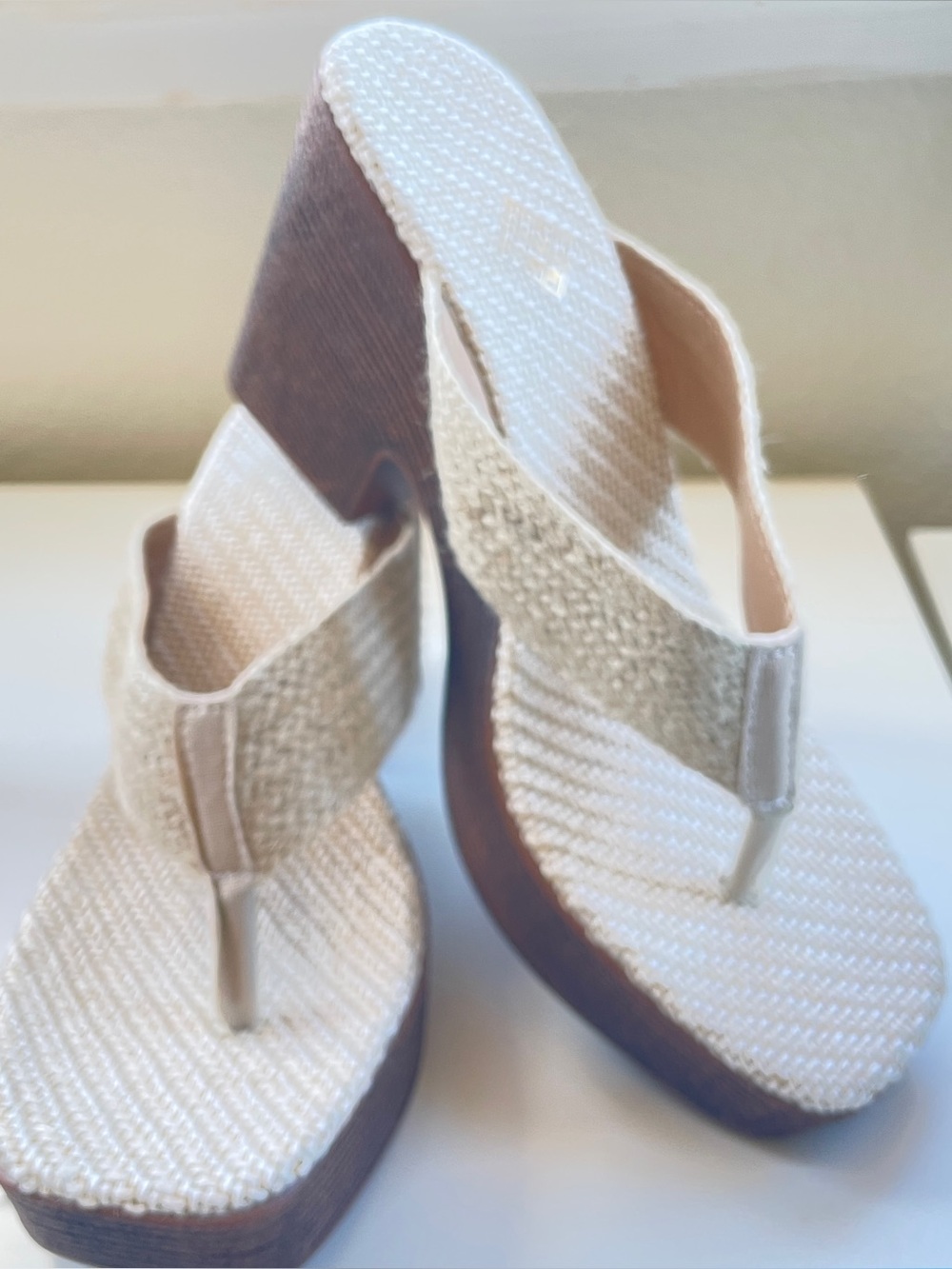 Woven Platform Thong Sandals in Cream - Women's